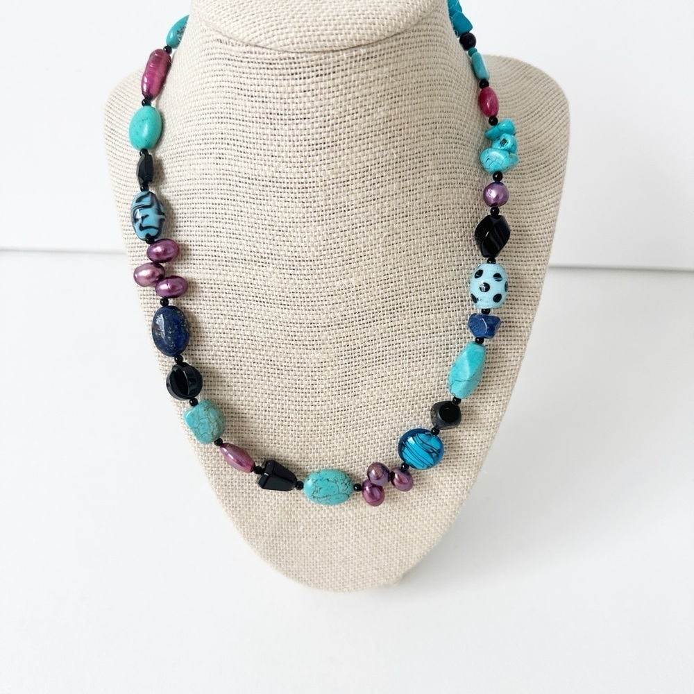NWT Genuine Turquoise, Lapis, Black Onyx, Murano Glass & Pearls Necklace Blue